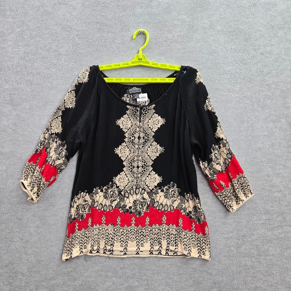 Angie Junior Top‎ Large Black Boho Blouse 3/4 Sleeve Scoop Neck